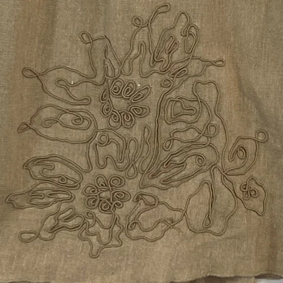 Lagenlook Tan Linen Dress Size M Embroidered Tiers Lightweight Blue Bird Boho - Picture 7 of 12